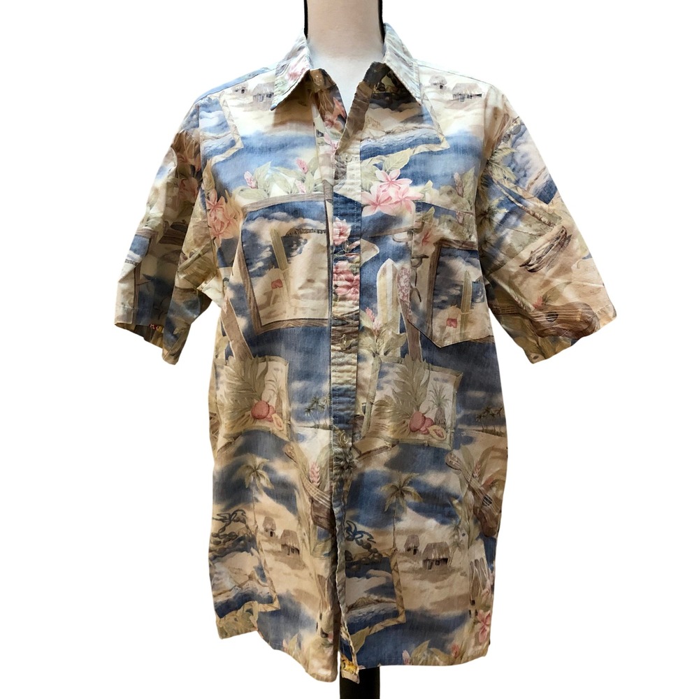 Malihini Hawaii Shirt Men's Large Blue Beige Cool Made‎ in Hawaii Vintage 80s